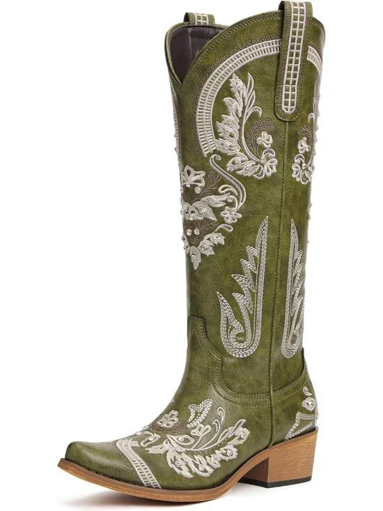 Women's Green Knee High Faux Leather Pointed Toe Western Chunky Tall Heel Boots