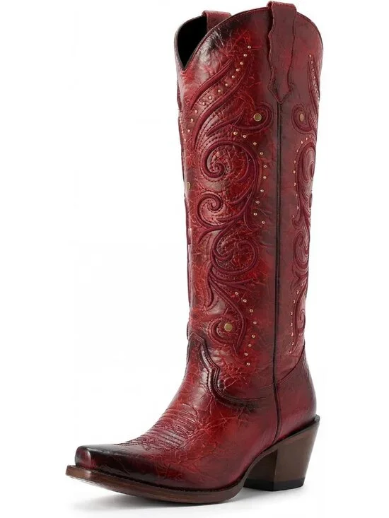 Women's Red Polyurethane Pointed Toe Knee High Side Zipper Chunky Heel Boots