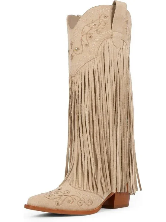 Women's Suede Beige Knee High Pointed Toe Fringe Cowboy Mid Block Heel Boots
