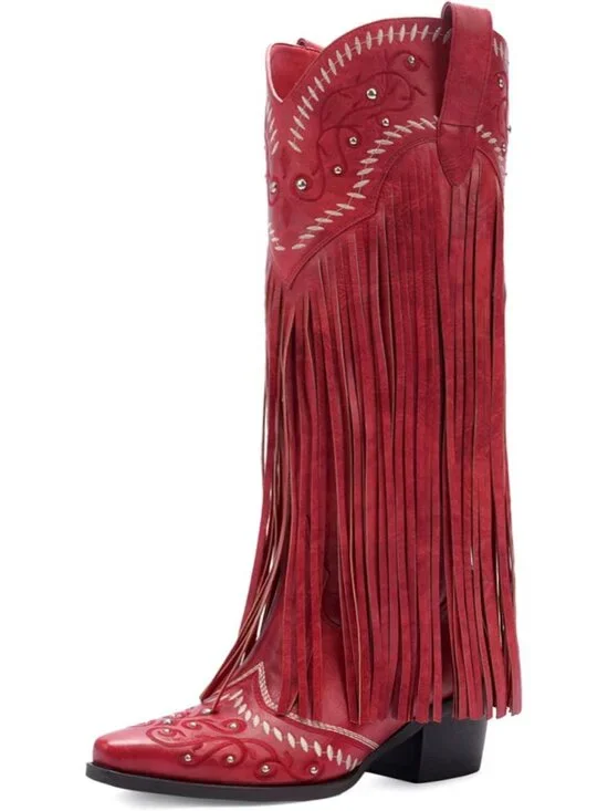 Women's Red Knee High Pointed Toe Fringe Cowboy Mid Block Heel Boots