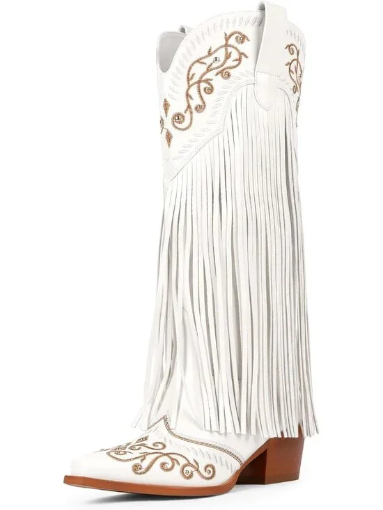 Women's Pure White  Knee High Pointed Toe Fringe Cowboy Mid Block Heel Boots