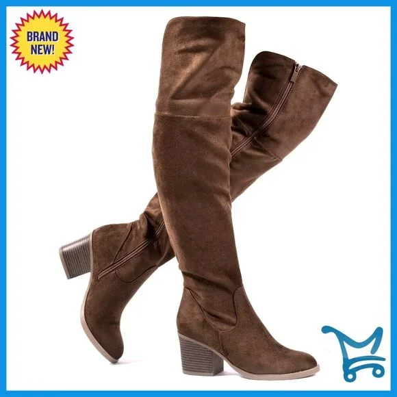 Thigh High Boots with Block Heel, Over the Knee, Faux Suede