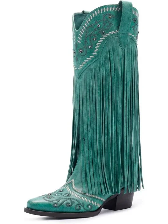 Women's Green Knee High Pointed Toe Fringe Cowboy Mid Block Heel Boots