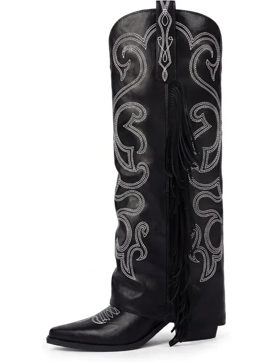 Women's Black Rubber Knee High Fold Over Half Zipper Chunky High Heel Boots
