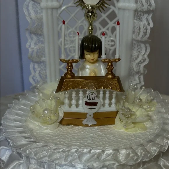 Elegant White and Gold Communion Cake Topper