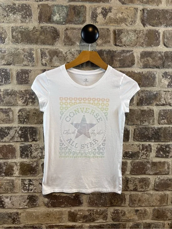 Converse Girls White Tee with Pastel Multicolor All Star Graphic Size Large