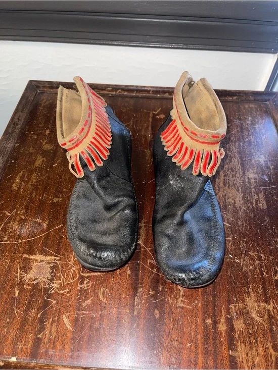 Black Leather Ankle Boots Moccasins with Tan & Red Fringe - AS IS