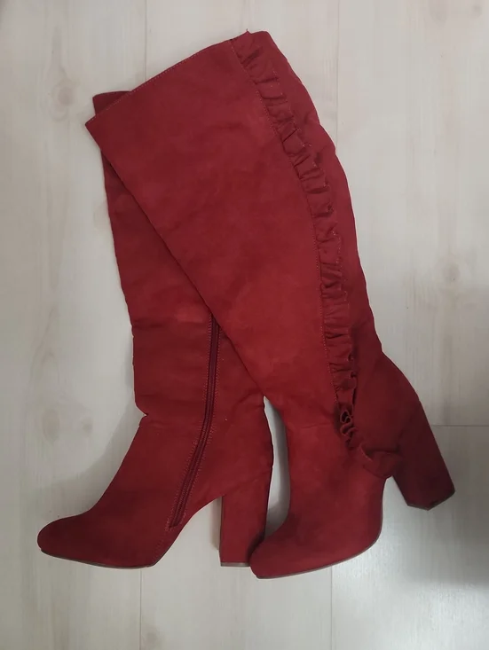 JustFab Red Over-the-Knee Suede Block Heel Boots with Ruffle Detail
