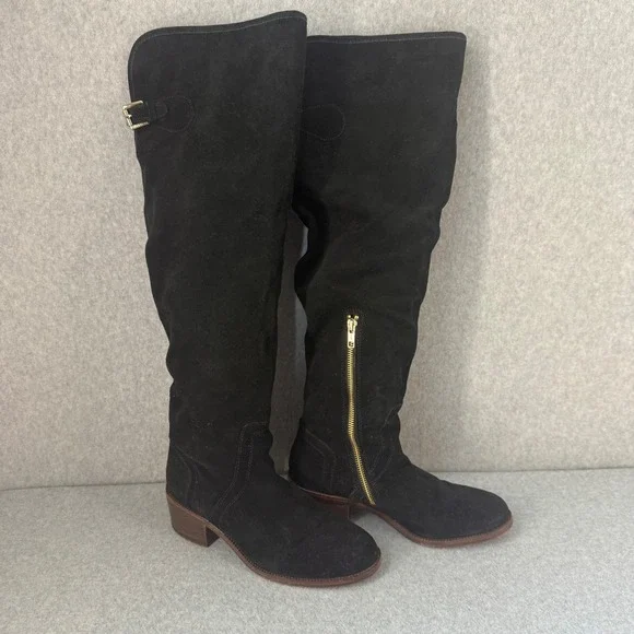 Coach Palmera 2‎ Over The Knee Boots Suede Leather Gold Zipper Buckle Black 8B