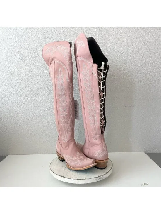 Pink Over-the-Knee Lace-Up Western Boots