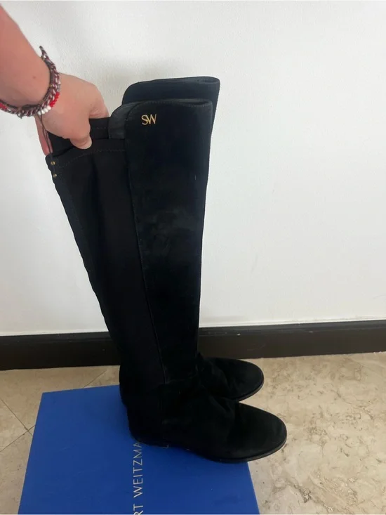 Stuart Weitzman Black Over-The-Knee Suede Boots with Gold SW Accent