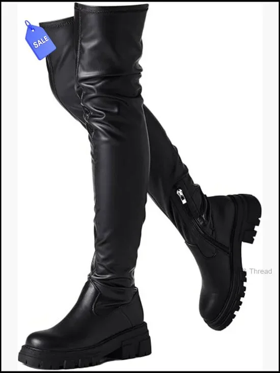 Over the Knee Boots Platform Lug Sole Chunky Heels Stretchy Side Zipper