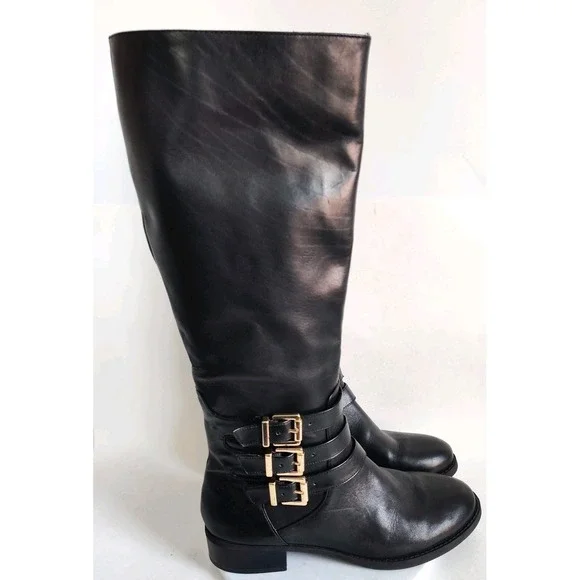 Inc Knee High Riding Boots Size‎ 8.5 Francy Black Wide Calf Leather Gold Buckles