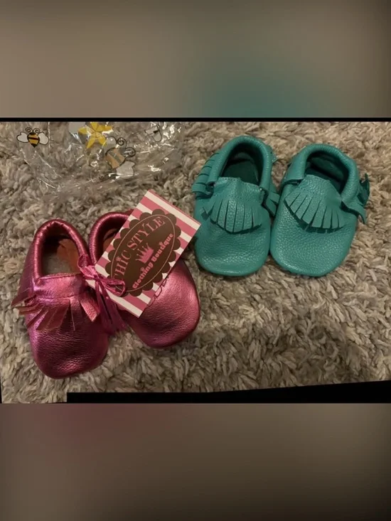 Kids Fringe Moccasins - Teal and Pink