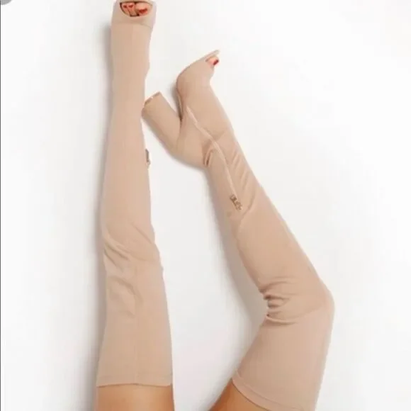 EGO over the knee tan stretchy boots with peep toe round 4”heels size7