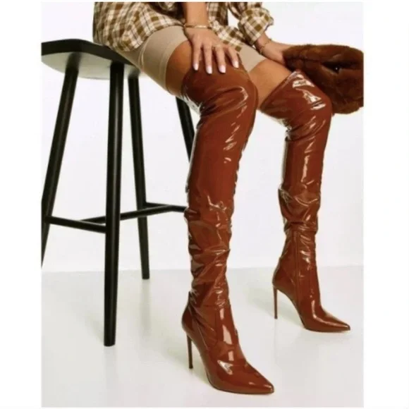 Steve Madden Patent Viktory Cognac Pat Thigh High Over Knee Boots size 6.5‎