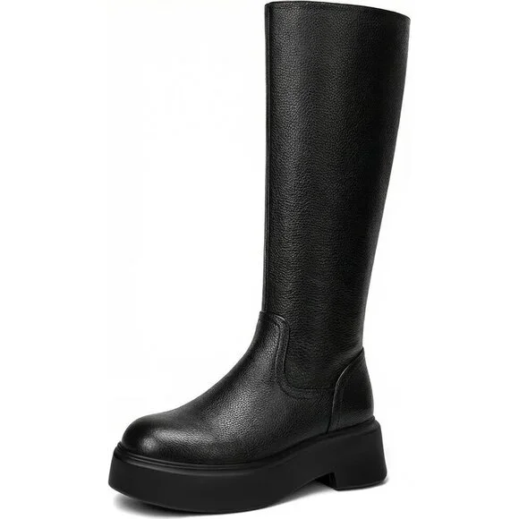 Women's Black Knee Leather Platform Chelsea Boots Front Zip Chunky Combat Bootie