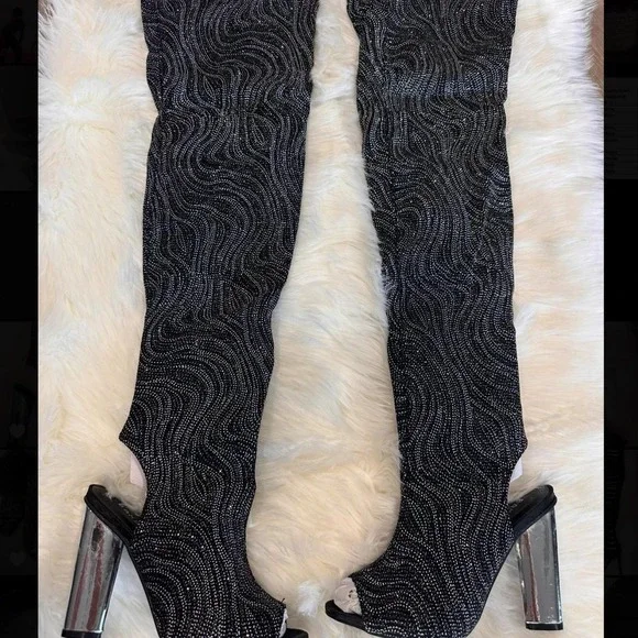 Bamboo Womens 7 Sunlight-02XS Peep Toe Block Heel Boots Boho Over the Knee Bling