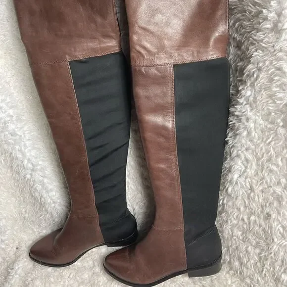 BCBGMAXAZRIA  Brown leather &Black stretchy fabric Over Knee Pull On Boots SZ7M