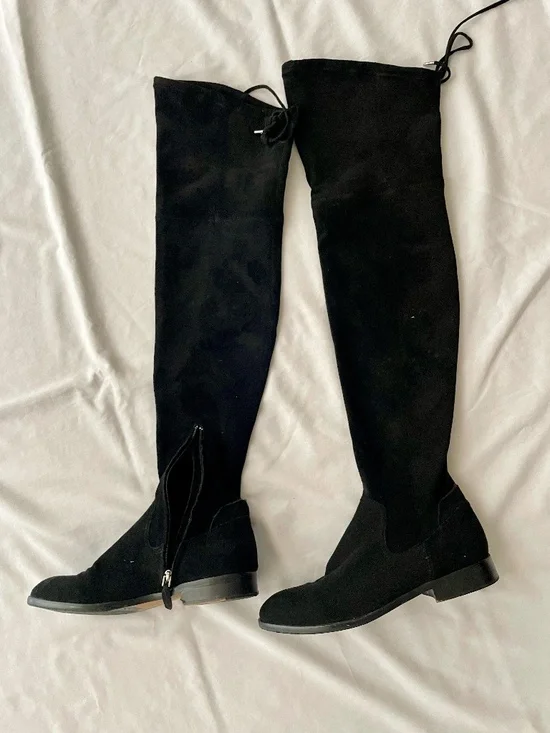 Dolce Vita Black Suede Over-the-Knee Flat Boots OTK Stretch Top Tie Size 6