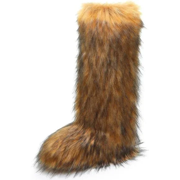 Women Brown Faux Fur Fluffy Cosy Round Toe Knee High Warm Outdoor Fur Boot