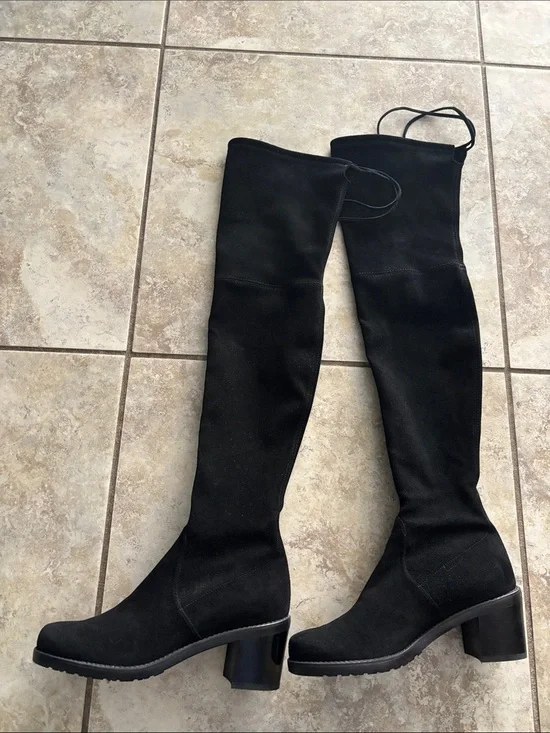 NWOT Stuart Weitzman Tieland Black Suede Over-the-Knee Block Heel Boots