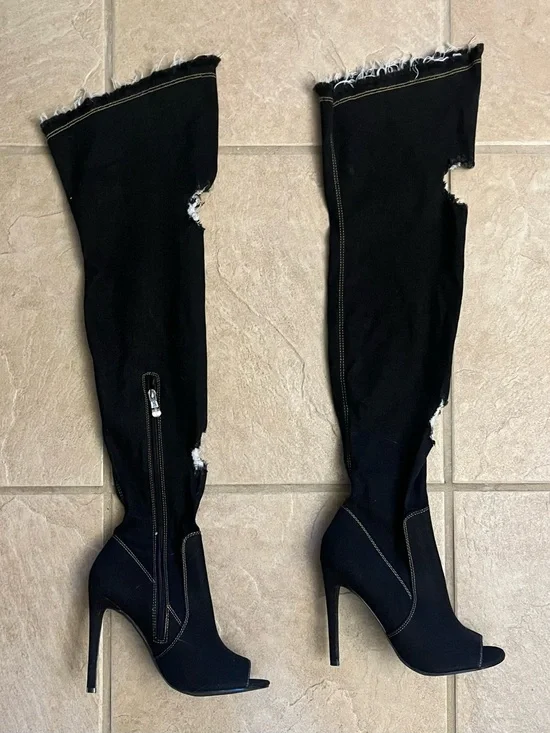 Black Stiletto High Heel Thigh High Peep Toe Stretch Black Denim Ripped Boots 8
