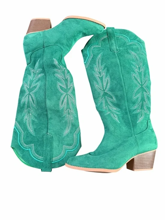 Green Western Embroidered Faux Suede Knee High Boots Size 7