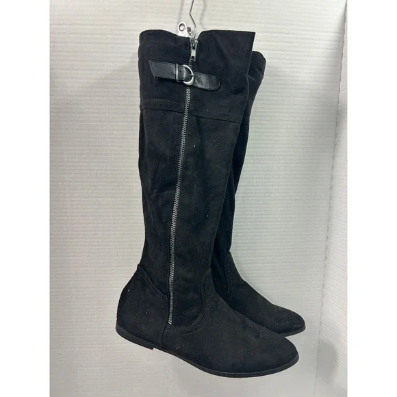 JustFab Faux Suede Over the Knee Boots 8 Black Buckle Flat Goth Dark Academia