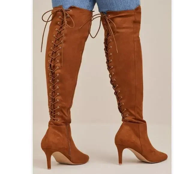 Torrid 10WW‎ Cognac Brown Faux Suede Lace Up Over The Knee Boots Wide Calf