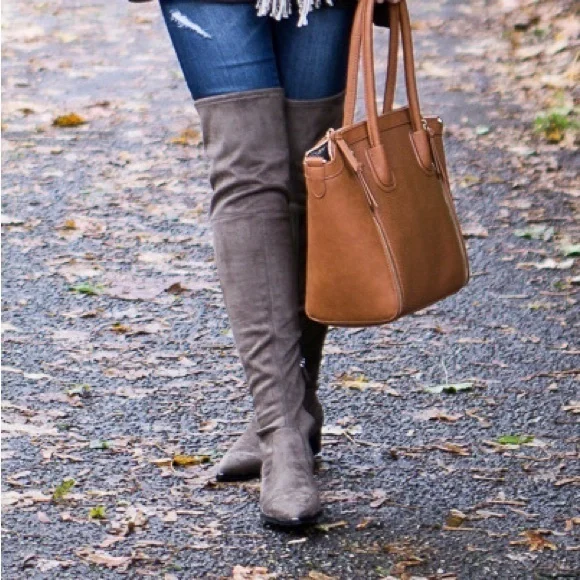 New! MARC FISHER Yuna Over the Knee Tie Back Boot Taupe Gray Size 8