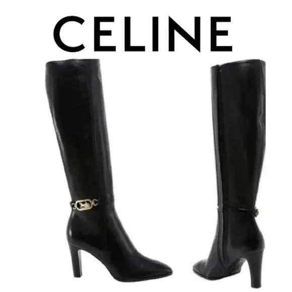Celine Woman's 85 authentic Black 100% calf skin Leather Boots Size 38.5