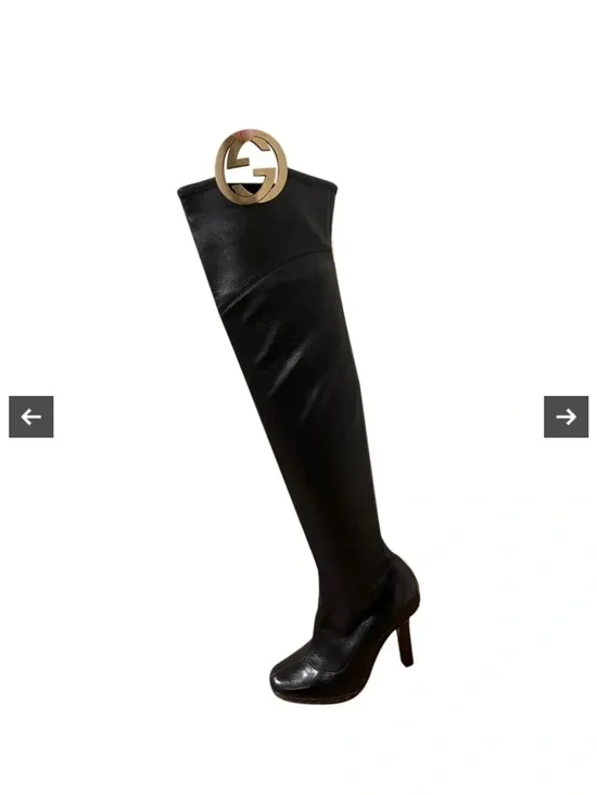 Gucci Black Leather Over-The-Knee High Heel Boot with Logo Accent