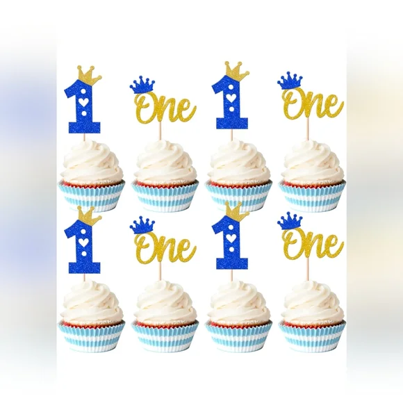 First Birthday Cupcake Toppers - Glitter One Crown Heart Cupcake Picks, 23-Piece