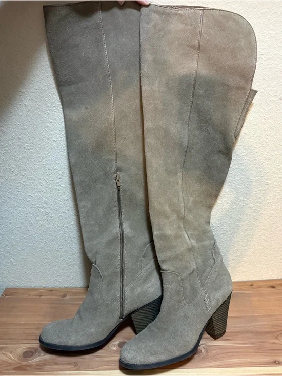 Suede Over Knee-High Block Heel Boots in Taupe