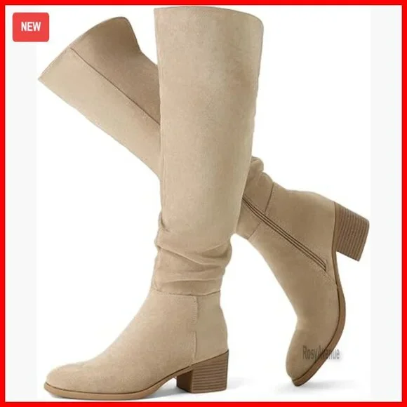 Suede Over The Knee Boots Chunky Block Heel Pointed Toe Side Zipper