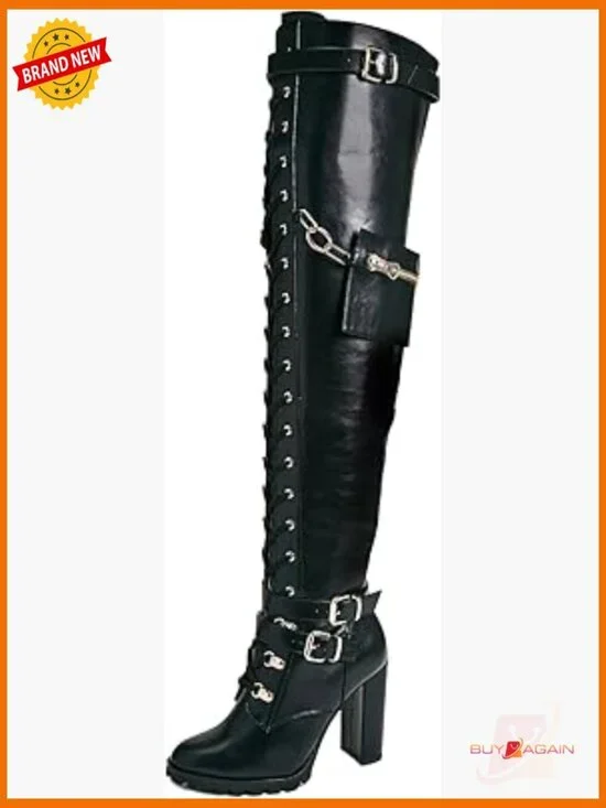 Thigh High Combat Boots with Block Heel, Lace Up, Side Zipper