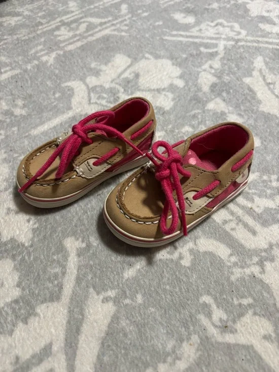 Sperry Toddler Tan and Pink Boat Moccasins