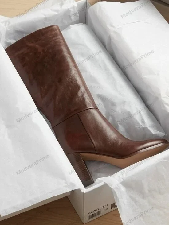 Calvin Klein Dawna Women's Dark Brown Leather Knee High Block Heel Boots Size 10