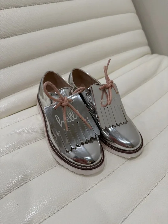 Zara Metallic Silver Girls' Fringe Lace-Up Moccasins with Pink Laces