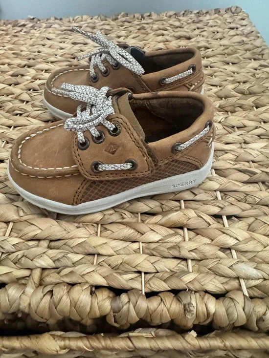 Sperry Kids Tan Moccasin Boat Shoes with White Laces