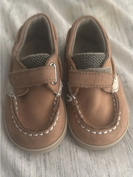 Kids Tan Sperry Slip-On Boat Shoes with Hook-and-Loop Strap