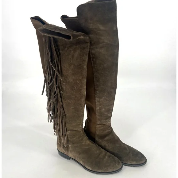 Stuart Weitzman Mane‎ Fringe Suede OTK Boots Green Womens 7.5 Boho Western