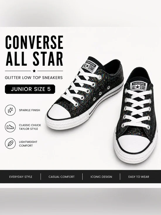 Converse All Star Glitter Low Top Sneakers | Black Multi Sparkle Junior Size 5