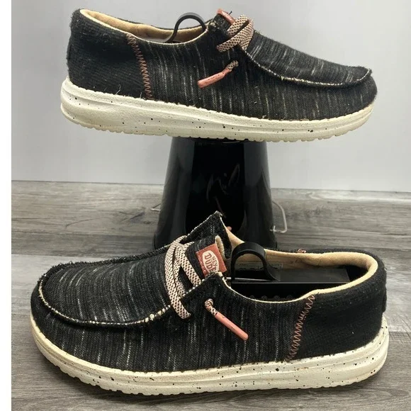 Hey Dude Wendy Youth Jersey Black Grey Marled Slip On Loafers Size 2 40451-001