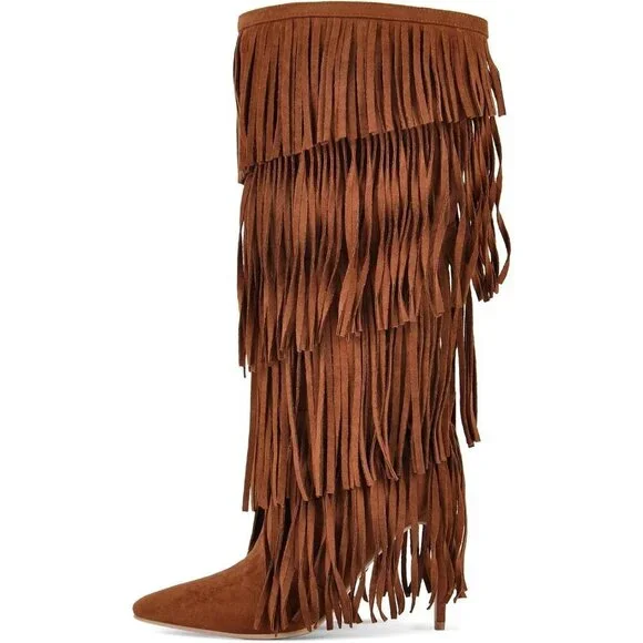 Women's Fringed Knee High Boots Pointy Toe Stilettos Faux Suede High Heels Boot