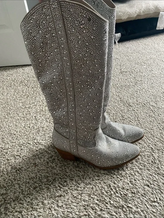 Studded Silver Knee-High Western Boots