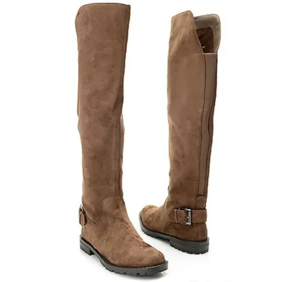 EUC G H BASS India Over the Knee Brown Faux Suede Flat Boots with Buckle Sz 5.5