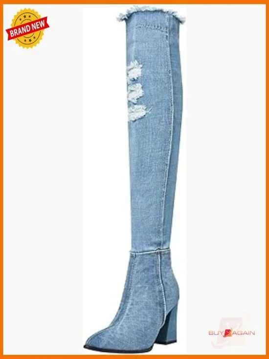 Denim Over-the-Knee Boots with Cutout Design, Block Heel