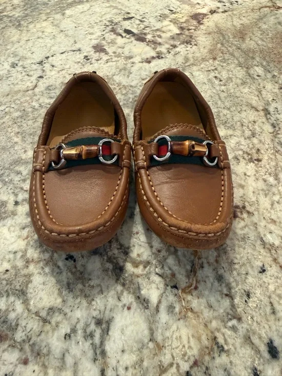 Gucci Brown Leather Kids Moccasins with Signature Web Accent